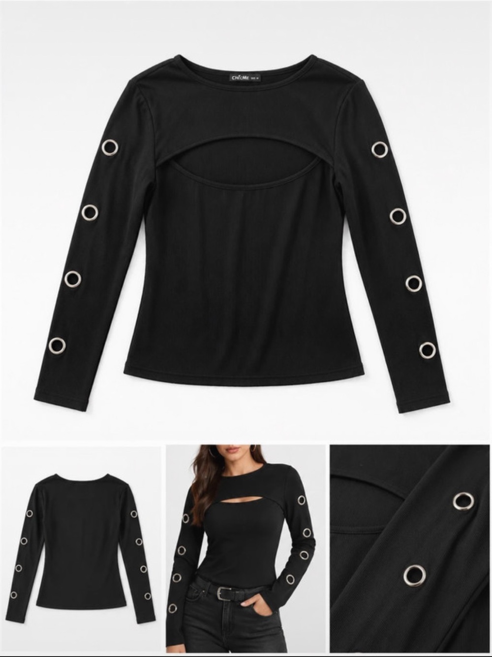 chic Black Long Sleeve Cutout Top with Silver Grommets